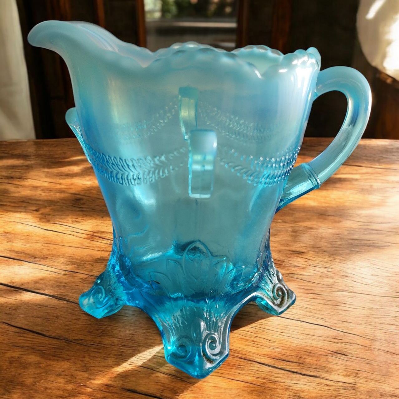 Jefferson Glass Swag with Brackets Blue Opalesce Drape Design Creamer