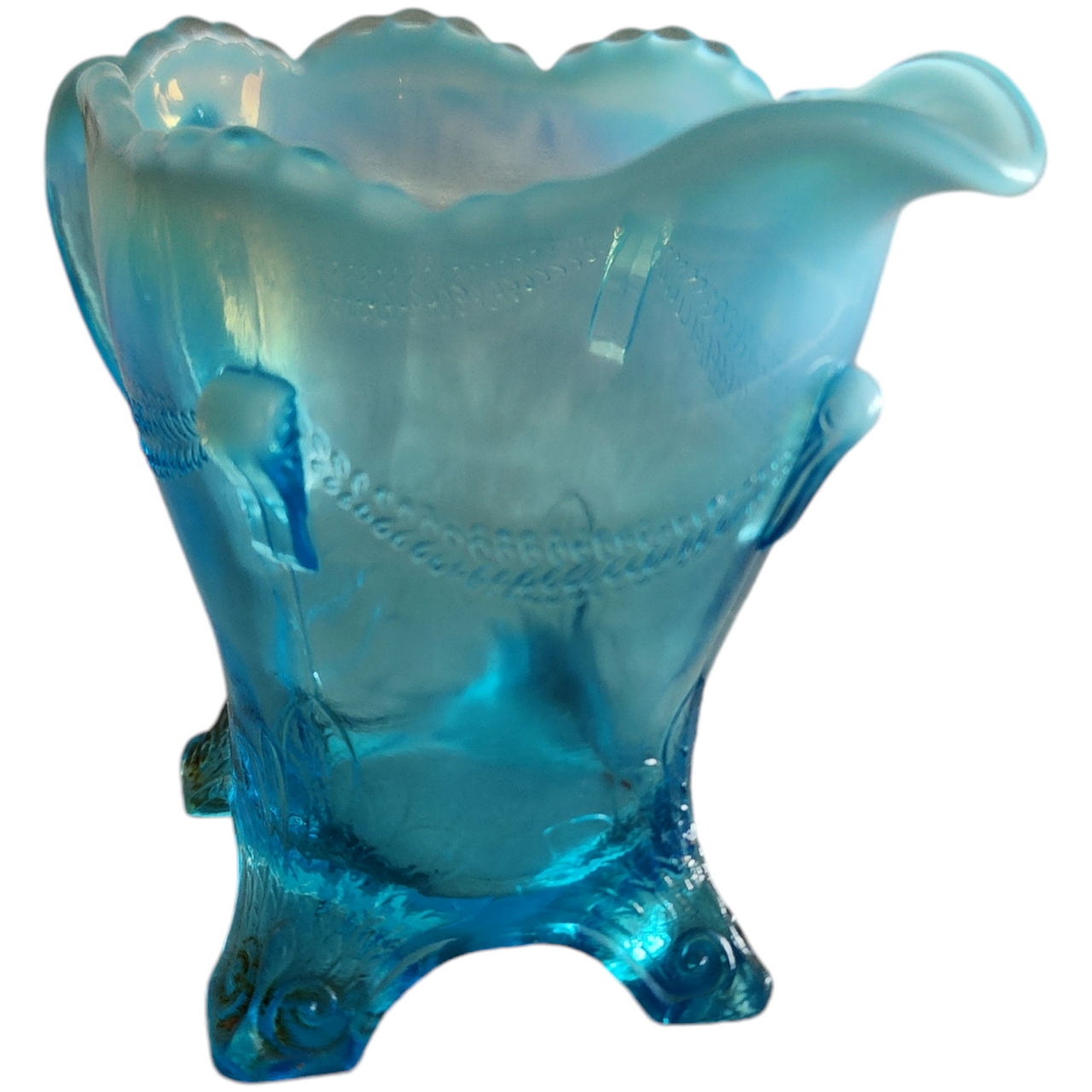 Jefferson Glass Swag with Brackets Blue Opalesce Drape Design Creamer