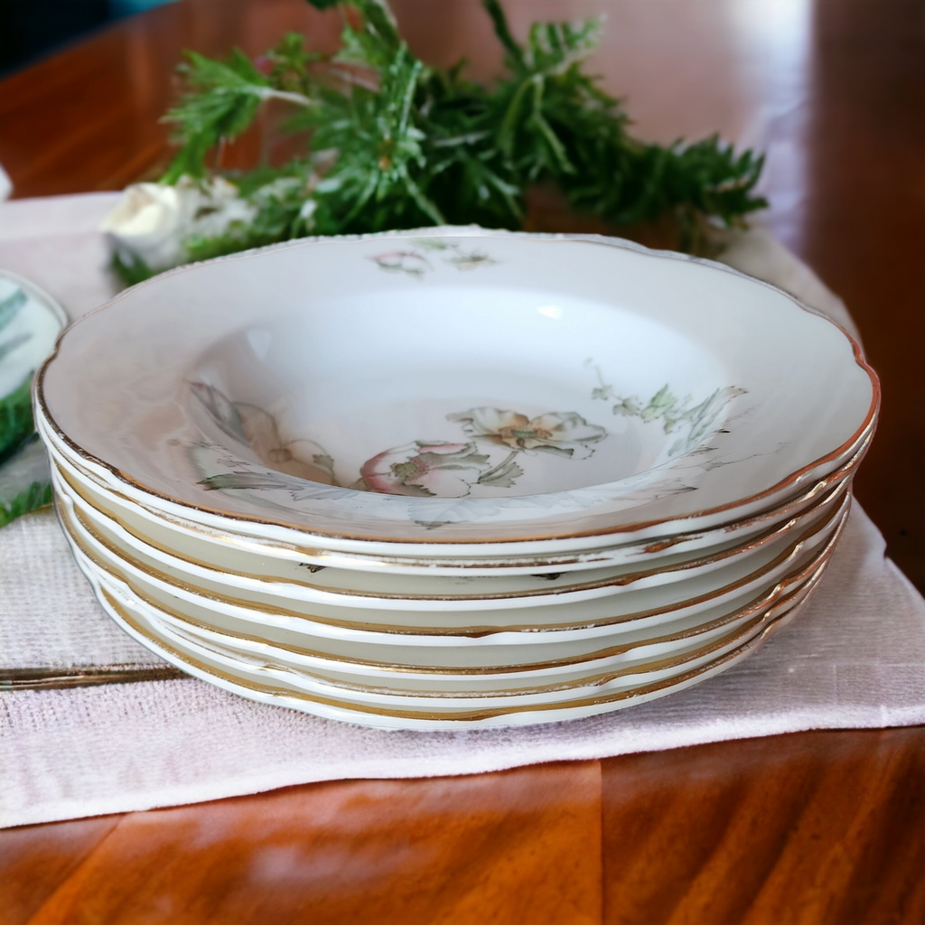 John Edwards Wind Flower Transferware Rim Soup Bowl Set of 7