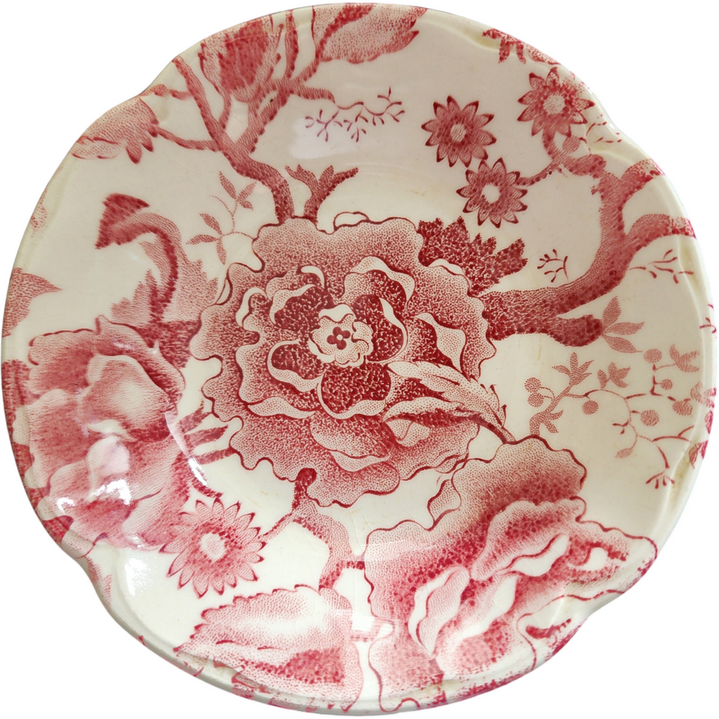 Johnson Bros English Chippendale Red Pink Floral Ironstone Fruit/Dessert (Sauce) Bowl Transferware England