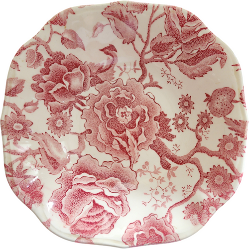 Johnson Bros English Chippendale Red Pink Floral Ironstone Square Cereal Bowl Transferware England
