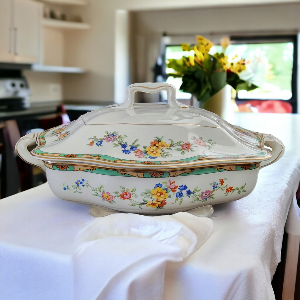 Johnson Brothers Enfield Pareek Multicolor Flowers Green Edge Round Covered Vegetable Bowl