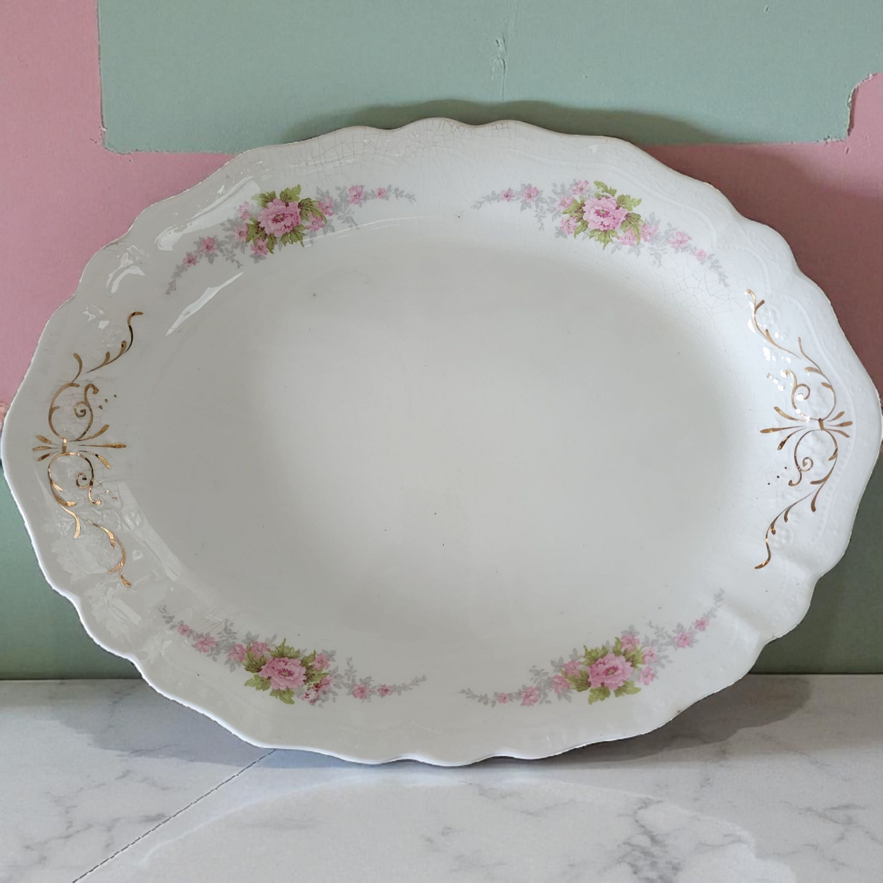 Johnson Brothers England Oval Serving Platter Pink Rose Floral with Gold Trim