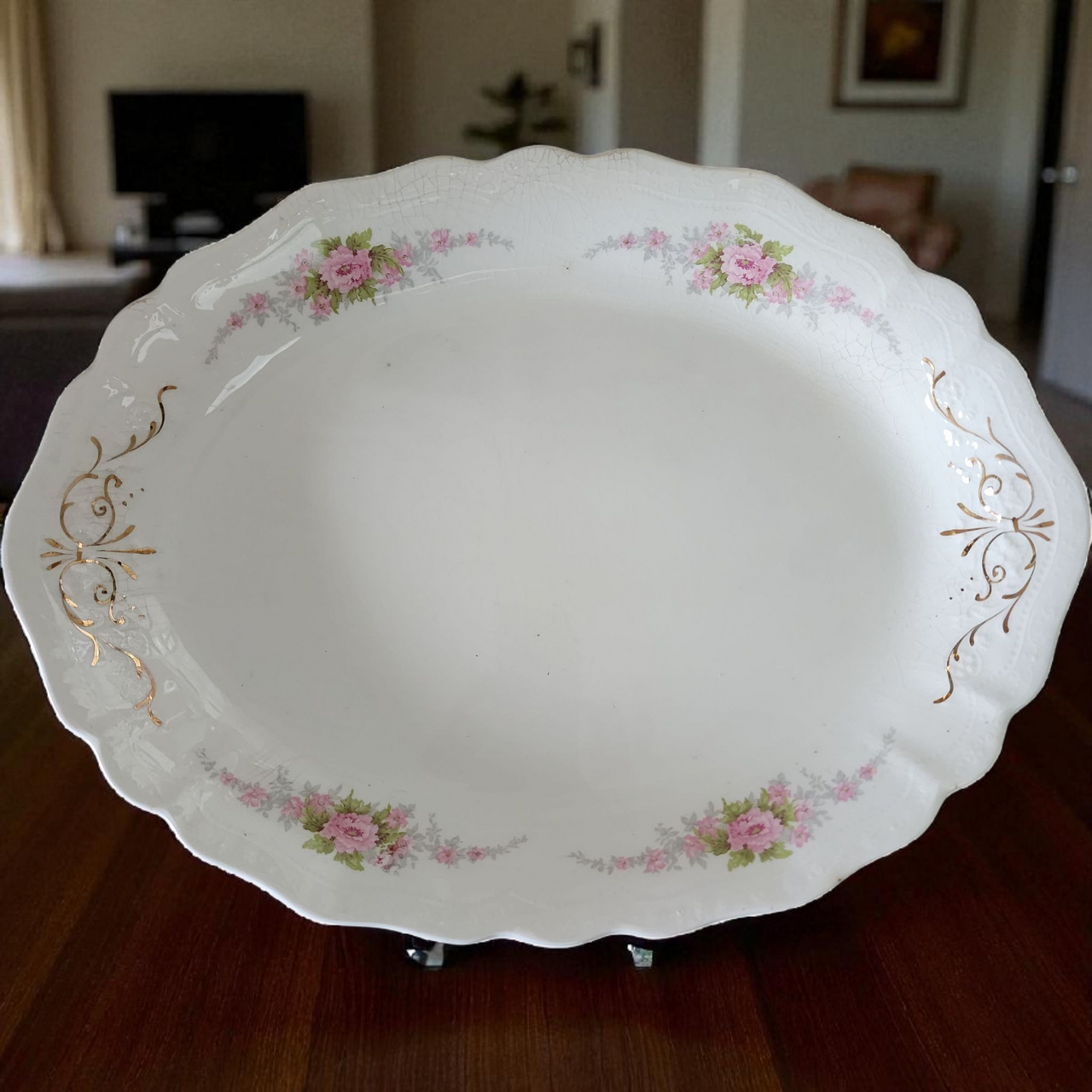 Johnson Brothers England Oval Serving Platter Pink Rose Floral with Gold Trim  Vintage