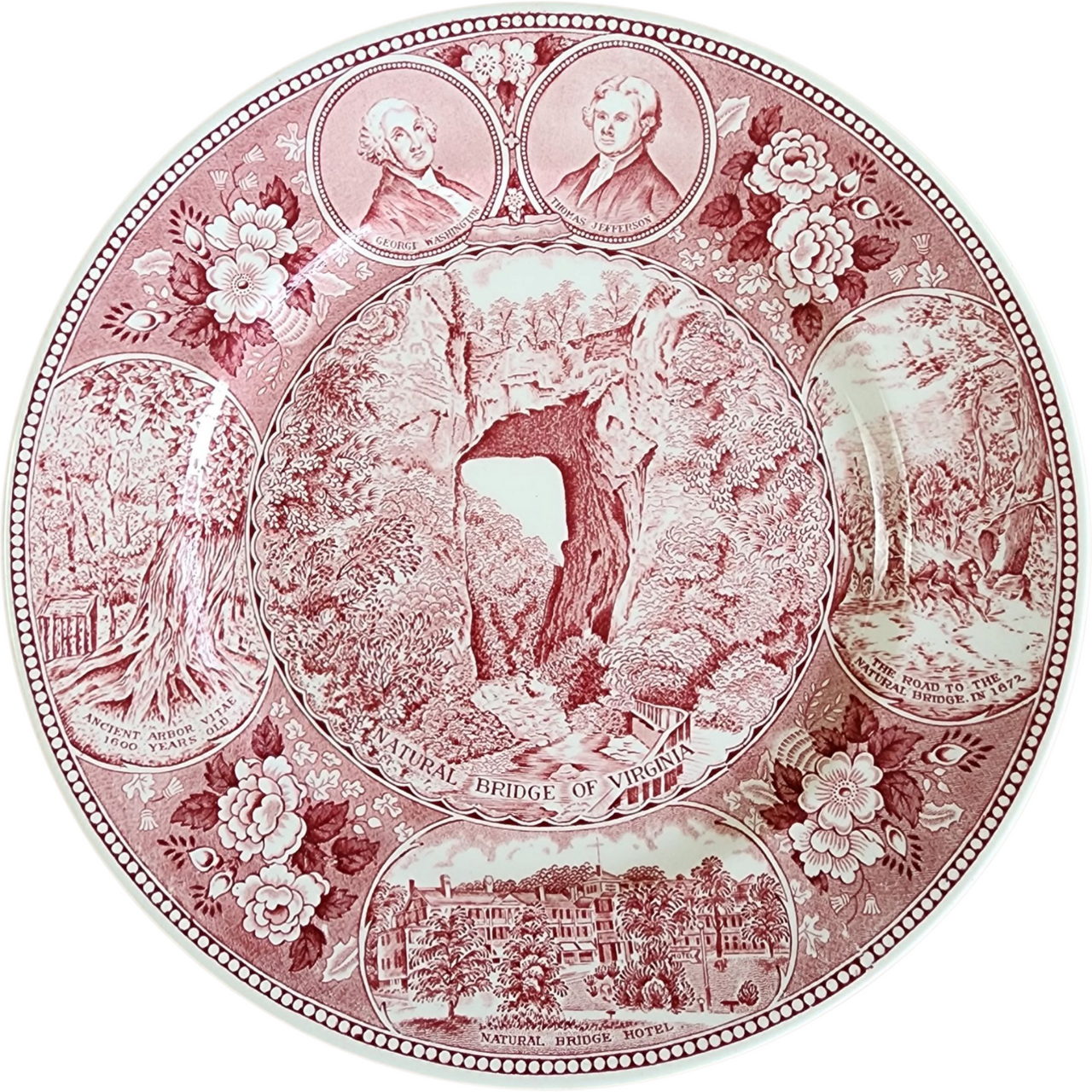 Jonroth Staffordshire Plate Natural Bridge of Virginia Souvenir, Adams Pottery Red Transferware, George Washington & Jefferson