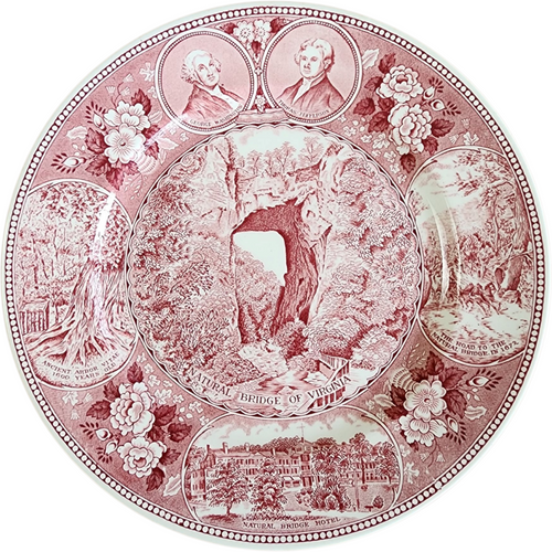 Jonroth Staffordshire Plate Natural Bridge of Virginia Souvenir, Adams Pottery Red Transferware, George Washington & Jefferson