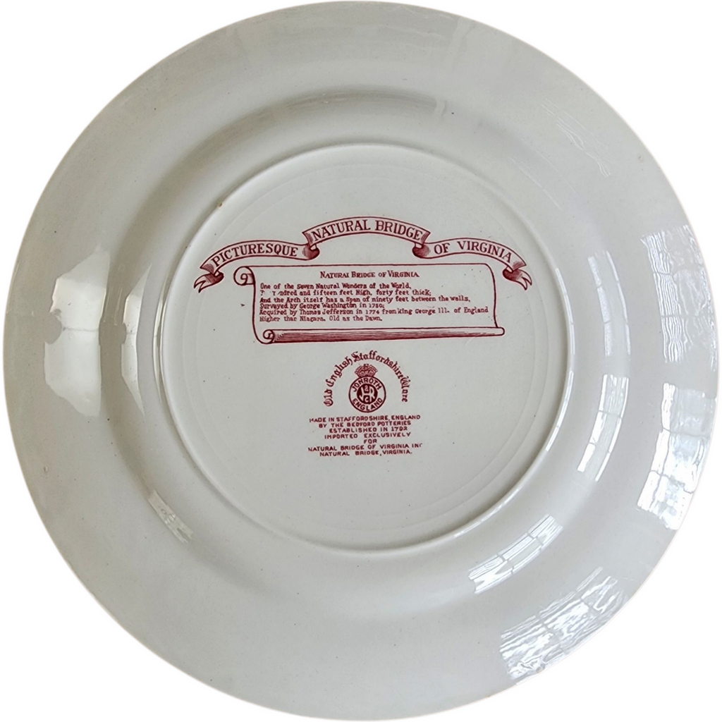 Jonroth Staffordshire Plate Natural Bridge of Virginia Souvenir, Adams Pottery Red Transferware, George Washington & Jefferson