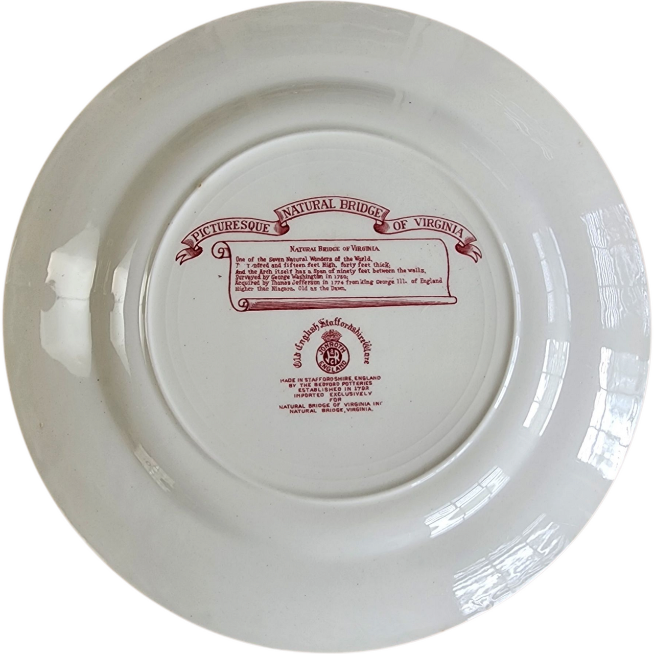 Jonroth Staffordshire Plate Natural Bridge of Virginia Souvenir, Adams Pottery Red Transferware, George Washington & Jefferson