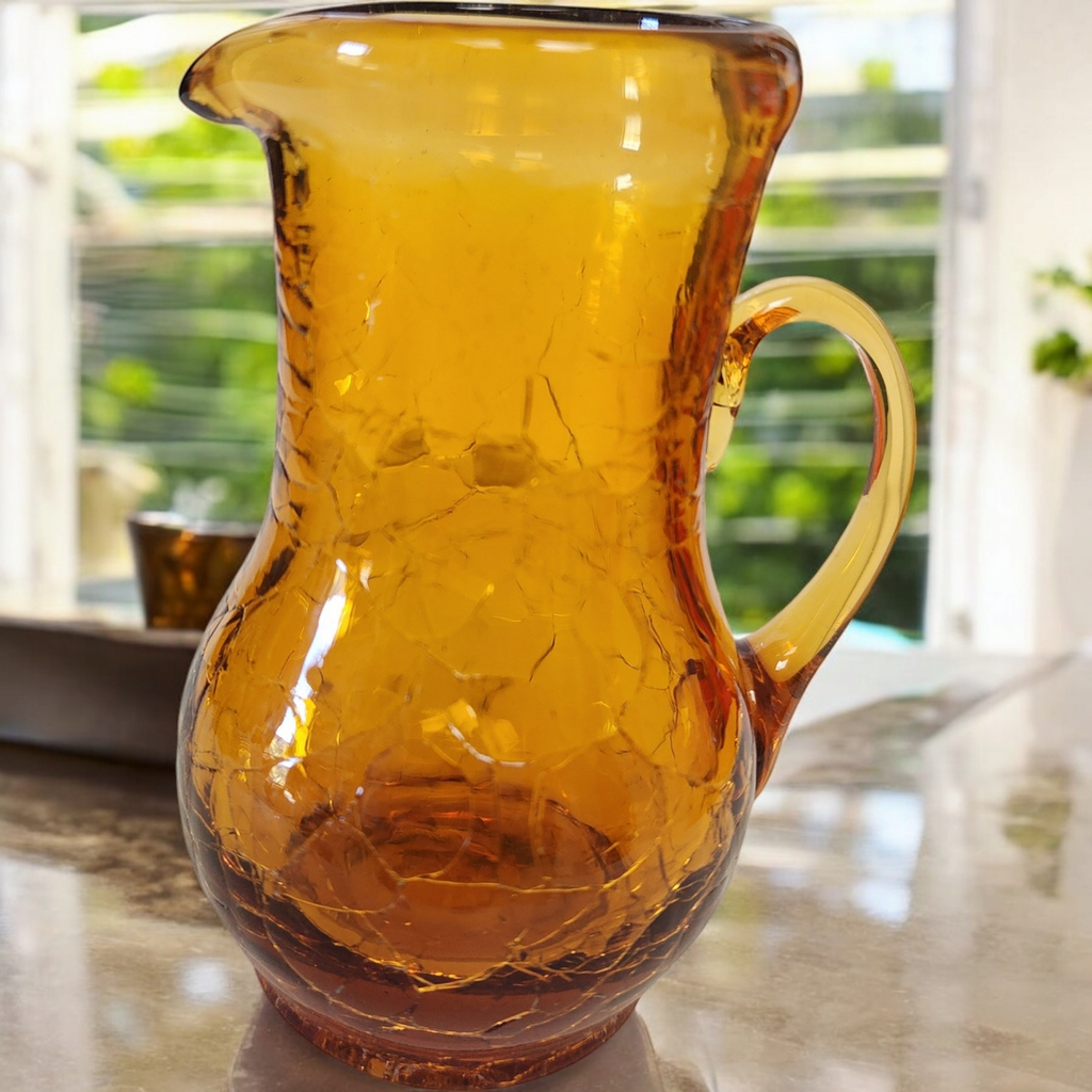 Kanawha Art Hand Blown Amber Crackled Glass Pitcher Vase
