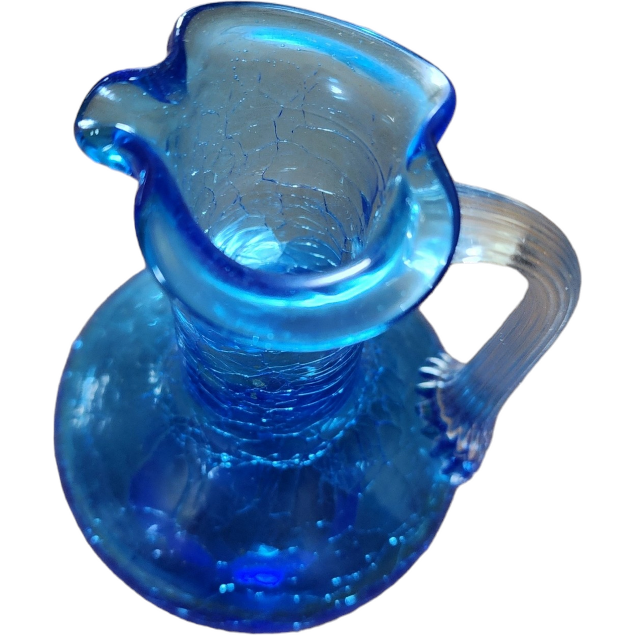 Kanawha Art Hand Blown Blue Crackled Glass Pitcher Vase
