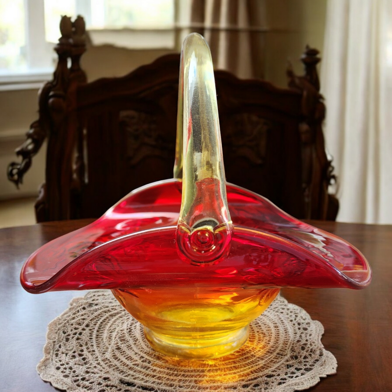 Kanawha Dunbar Hand Blown Amberina Glass Basket