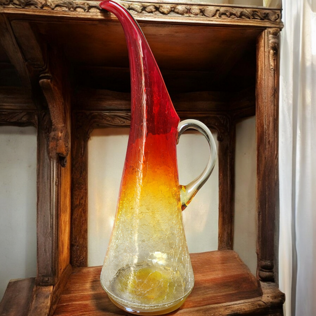 13" Kanawha Dunbar Hand Blown Amberina Crackled Glass Pitcher