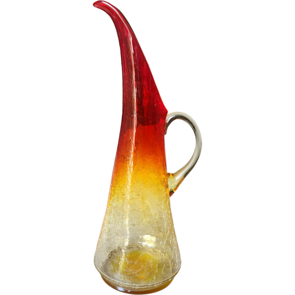 13" Kanawha Dunbar Hand Blown Amberina Crackled Glass Pitcher