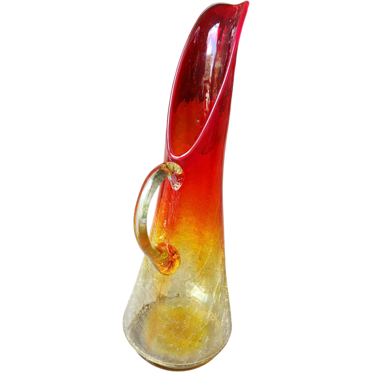 13" Kanawha Dunbar Hand Blown Amberina Crackled Glass Pitcher