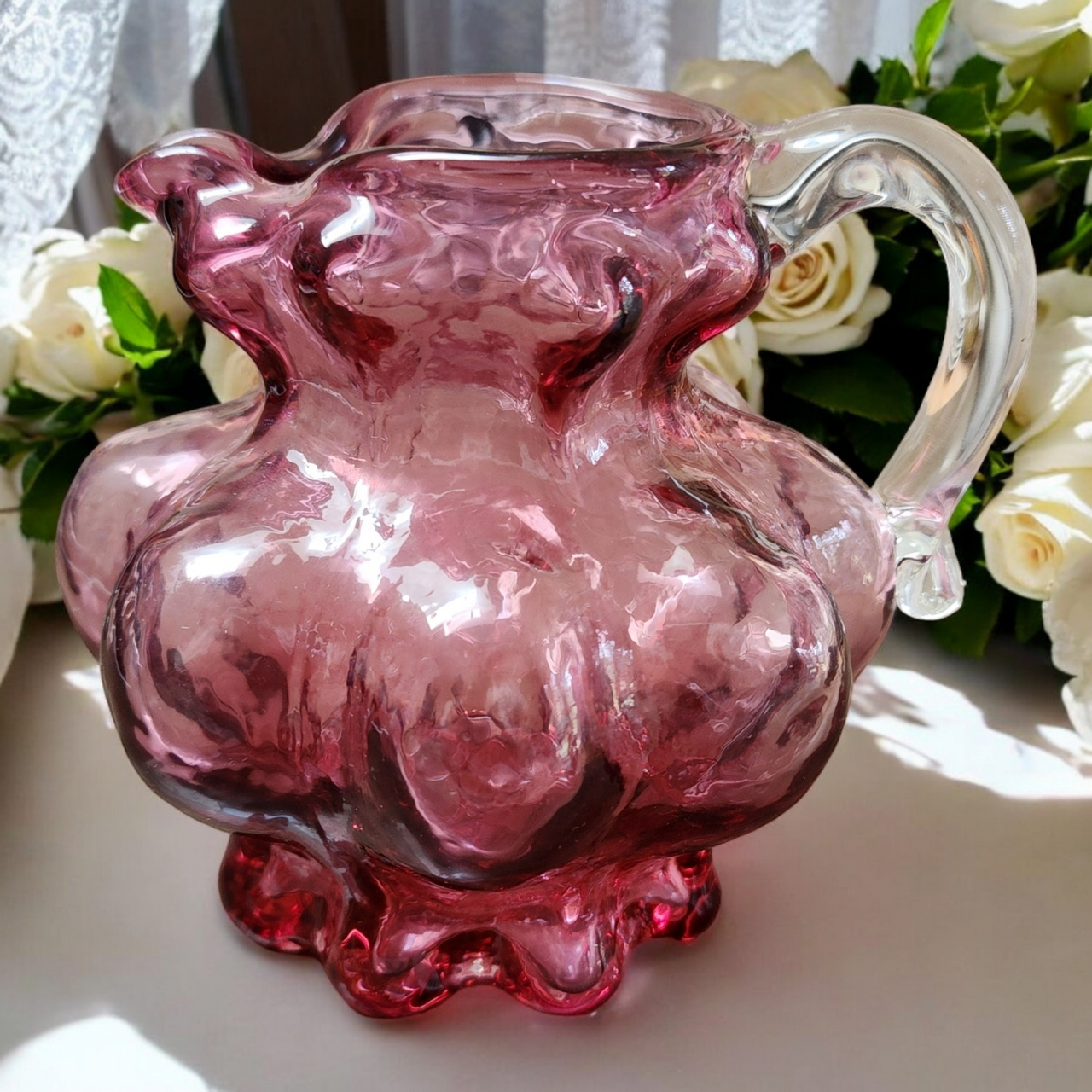 Kanawha Hand Blown Glass Cranberry Optic 5 Oz Pitcher