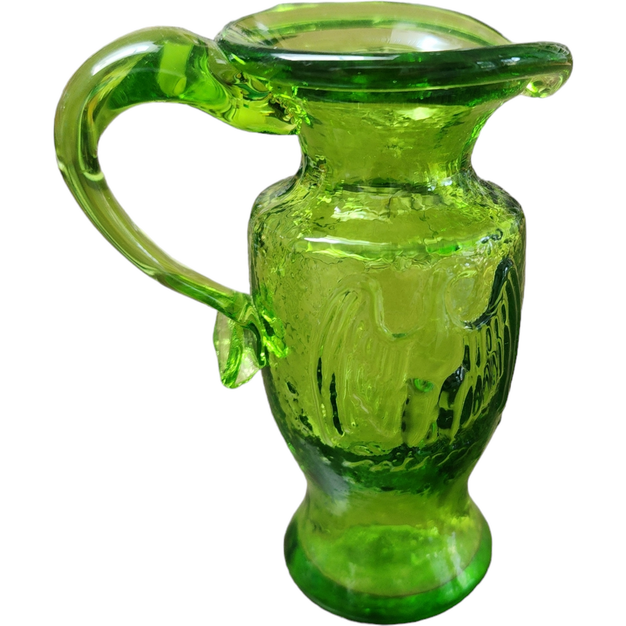 Kanawha Hand Blown Glass  Eagle Design Bicentennial Green 5 Oz Pitcher