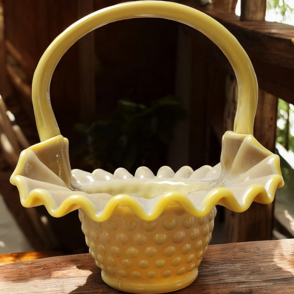 Kanawha Hobnail Orange Slag Pressed Glass Double Crimped Basket