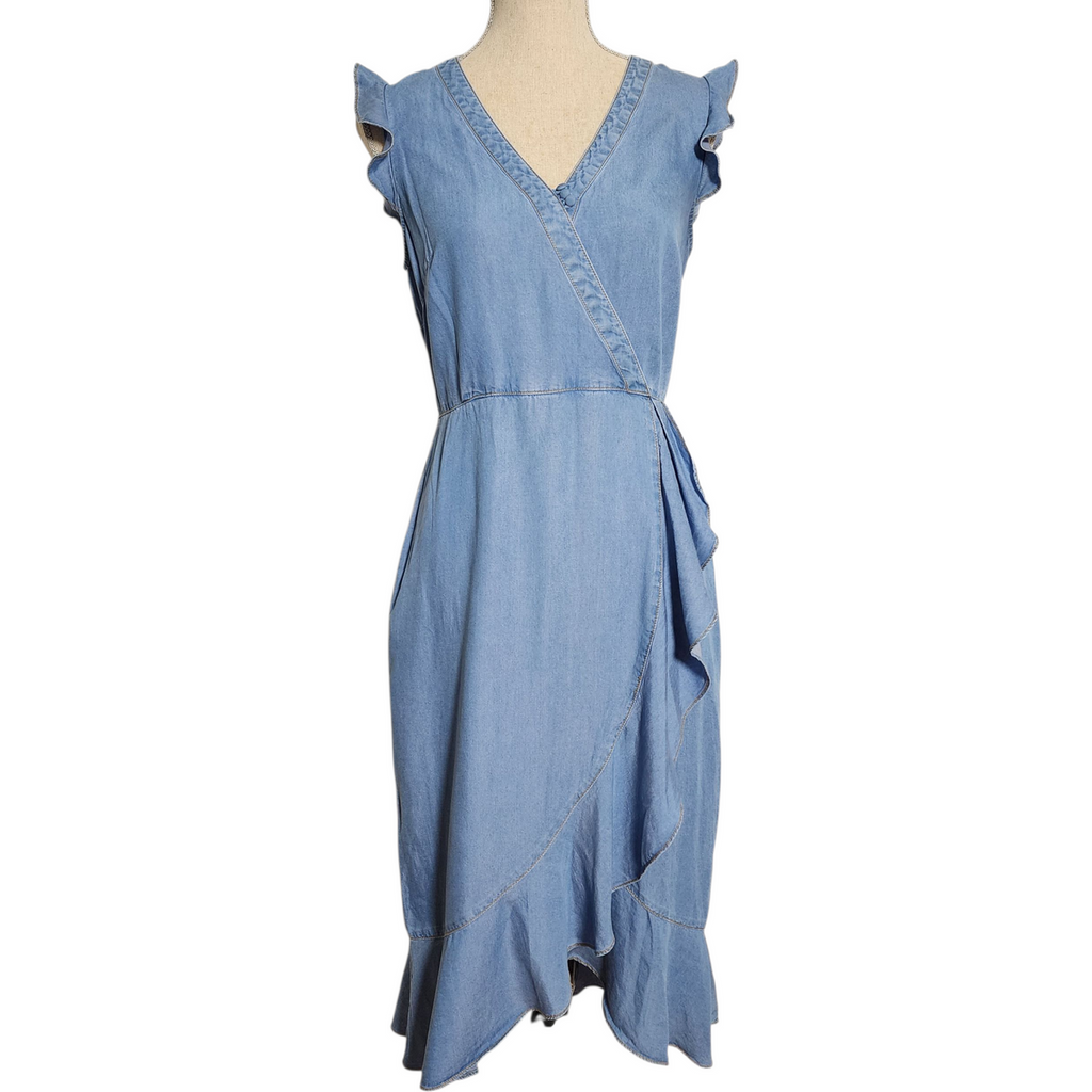 Karl Lagerfeld Paris Denim Midi Dress Women’s Size 6 Blue Lyocell Ruffle Wrap V-Neck