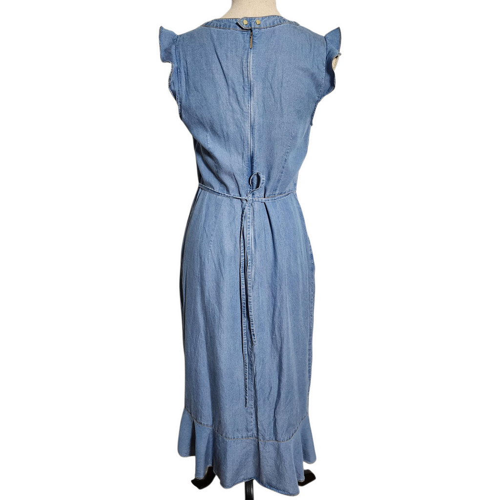 Karl Lagerfeld Paris Denim Midi Dress Women’s Size 6 Blue Lyocell Ruffle Wrap V-Neck