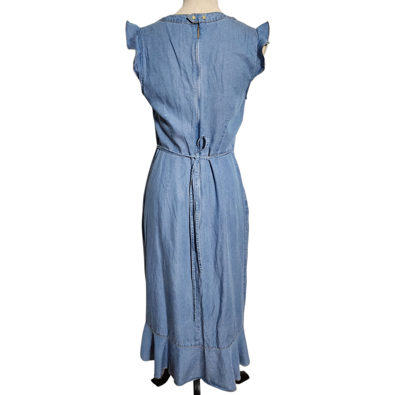 Karl Lagerfeld Paris Denim Midi Dress Women’s Size 6 Blue Lyocell Ruffle Wrap V-Neck