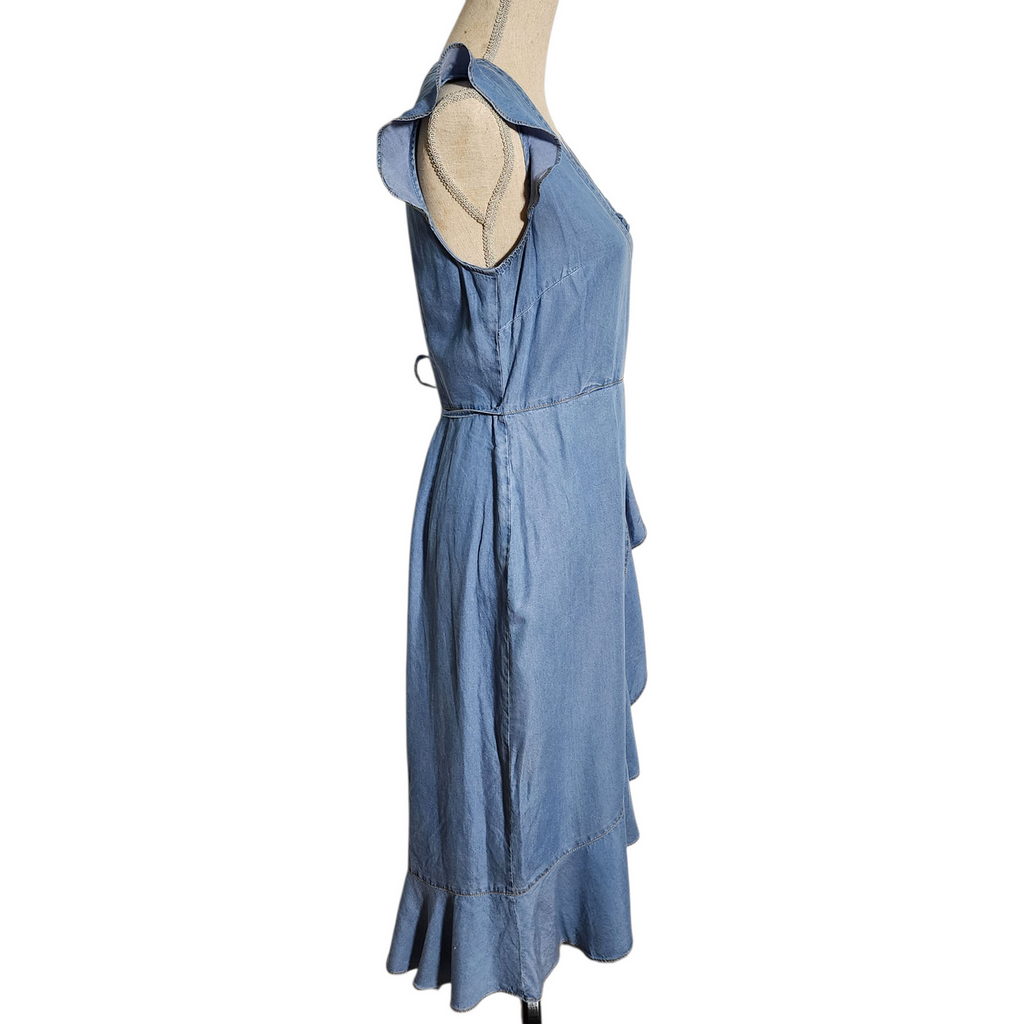 Karl Lagerfeld Paris Denim Midi Dress Women’s Size 6 Blue Lyocell Ruffle Wrap V-Neck