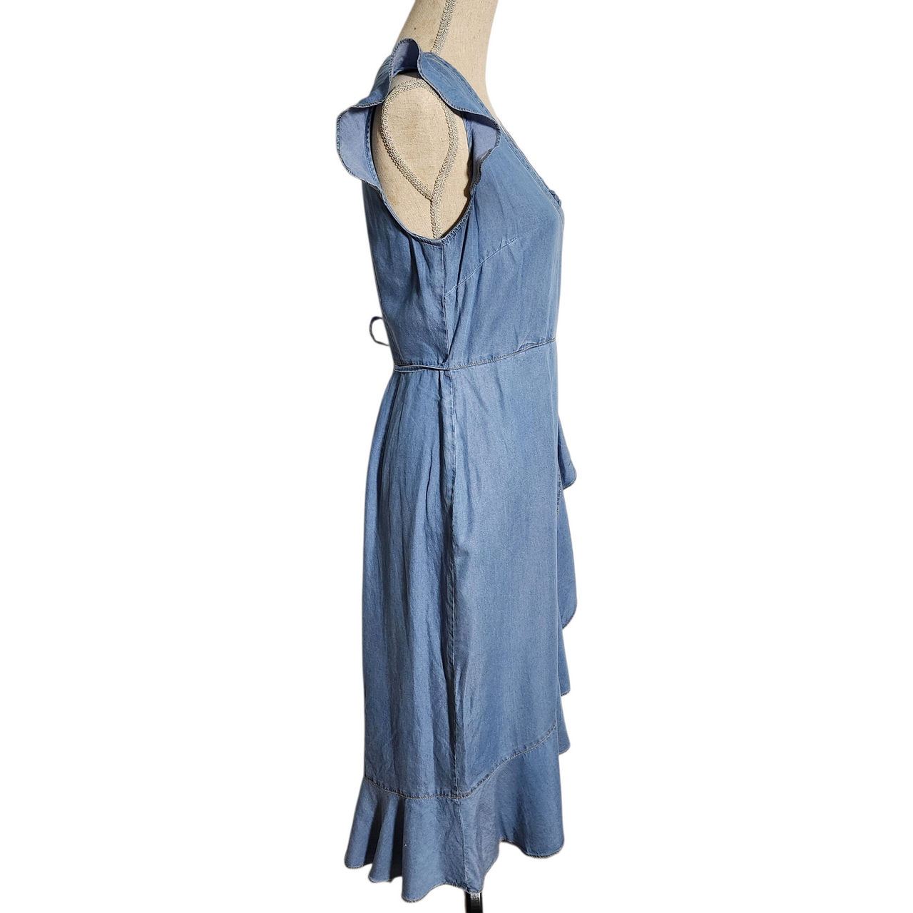 Karl Lagerfeld Paris Denim Midi Dress Women’s Size 6 Blue Lyocell Ruffle Wrap V-Neck