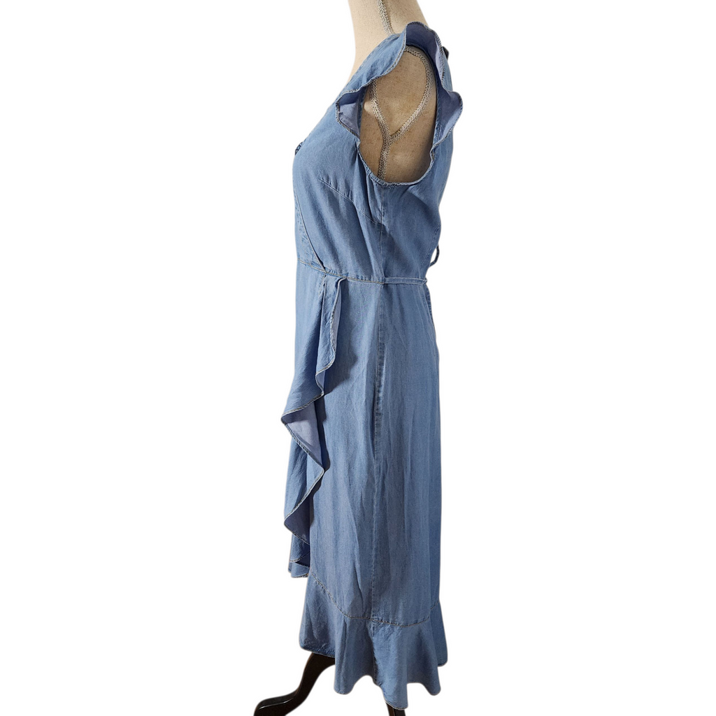 Karl Lagerfeld Paris Denim Midi Dress Women’s Size 6 Blue Lyocell Ruffle Wrap V-Neck