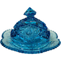 Kemple Glass Yutec  Dark Blue Round Covered Butter Dish in the Early American Pattern Glass EAPG