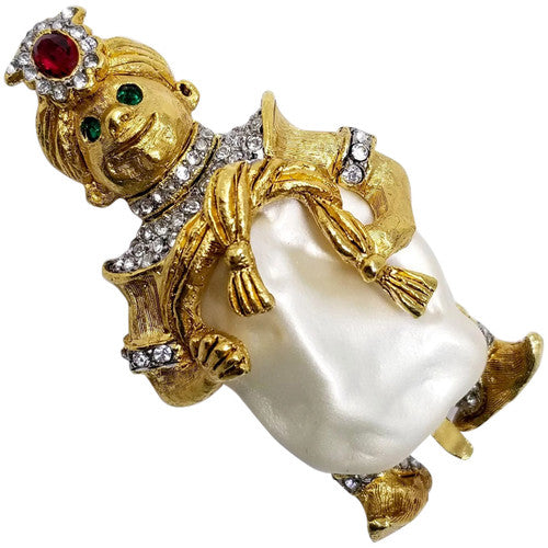 Kenneth Jay Lane Smiling Genie Crystal Pin in Gold