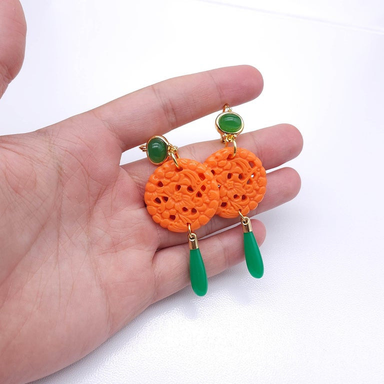 Kenneth Jay Lane Coral Jade Drop Wire Earrings in Gold, Orange & Green, Couture