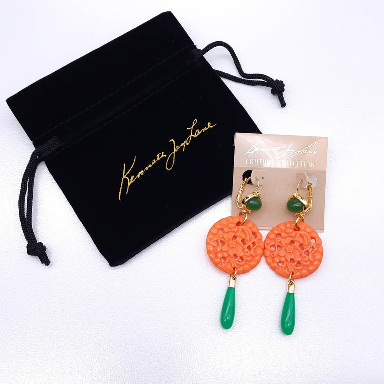 Kenneth Jay Lane Coral Jade Drop Wire Earrings in Gold, Orange & Green, Couture