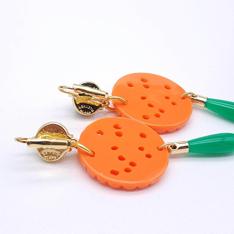 Kenneth Jay Lane Coral Jade Drop Wire Earrings in Gold, Orange & Green, Couture