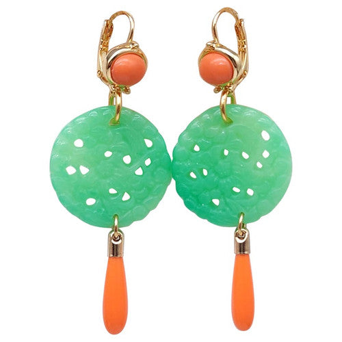 Kenneth Jay Lane Jade Coral Drop Wire Earrings in Gold, Orange & Green, Couture
