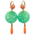 Kenneth Jay Lane Jade Coral Drop Wire Earrings in Gold, Orange & Green, Couture