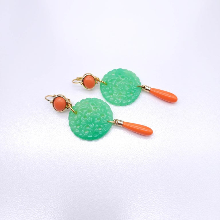 Kenneth Jay Lane Jade Coral Drop Wire Earrings in Gold, Orange & Green, Couture