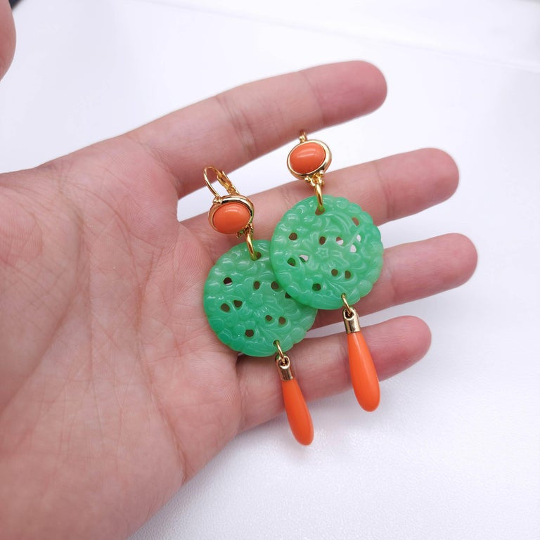 Kenneth Jay Lane Jade Coral Drop Wire Earrings in Gold, Orange & Green, Couture