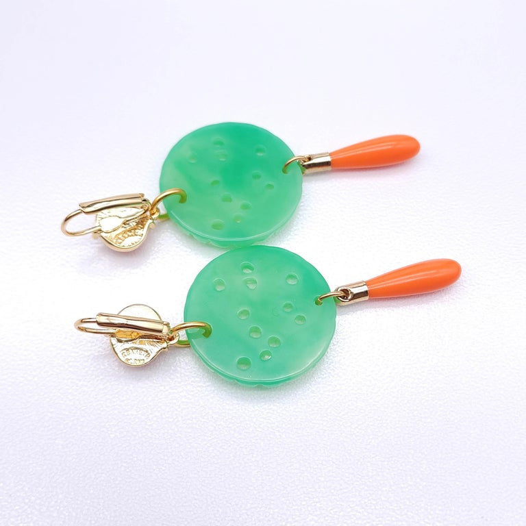 Kenneth Jay Lane Jade Coral Drop Wire Earrings in Gold, Orange & Green, Couture