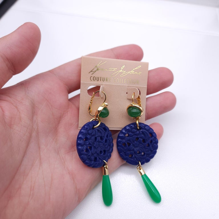 Kenneth Jay Lane Lapis Jade Drop Wire Earrings in Gold, Blue & Green, Couturereen, Couture