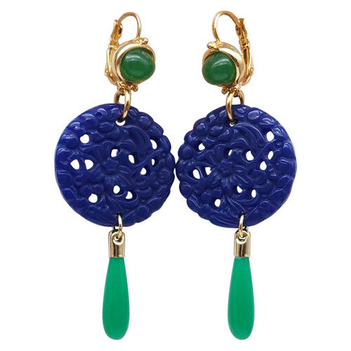 Kenneth Jay Lane Lapis Jade Drop Wire Earrings in Gold, Blue & Green, Couturereen, Couture