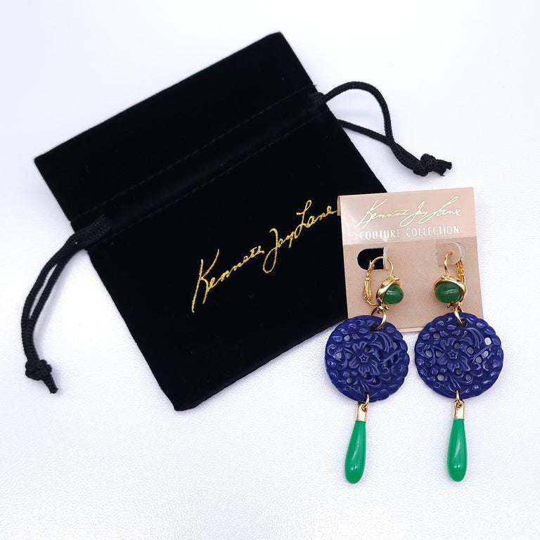 Kenneth Jay Lane Lapis Jade Drop Wire Earrings in Gold, Blue & Green, Couturereen, Couture