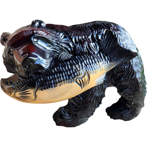 Kibori Kuma Wood Hand Carved Bear with Salmon Japan