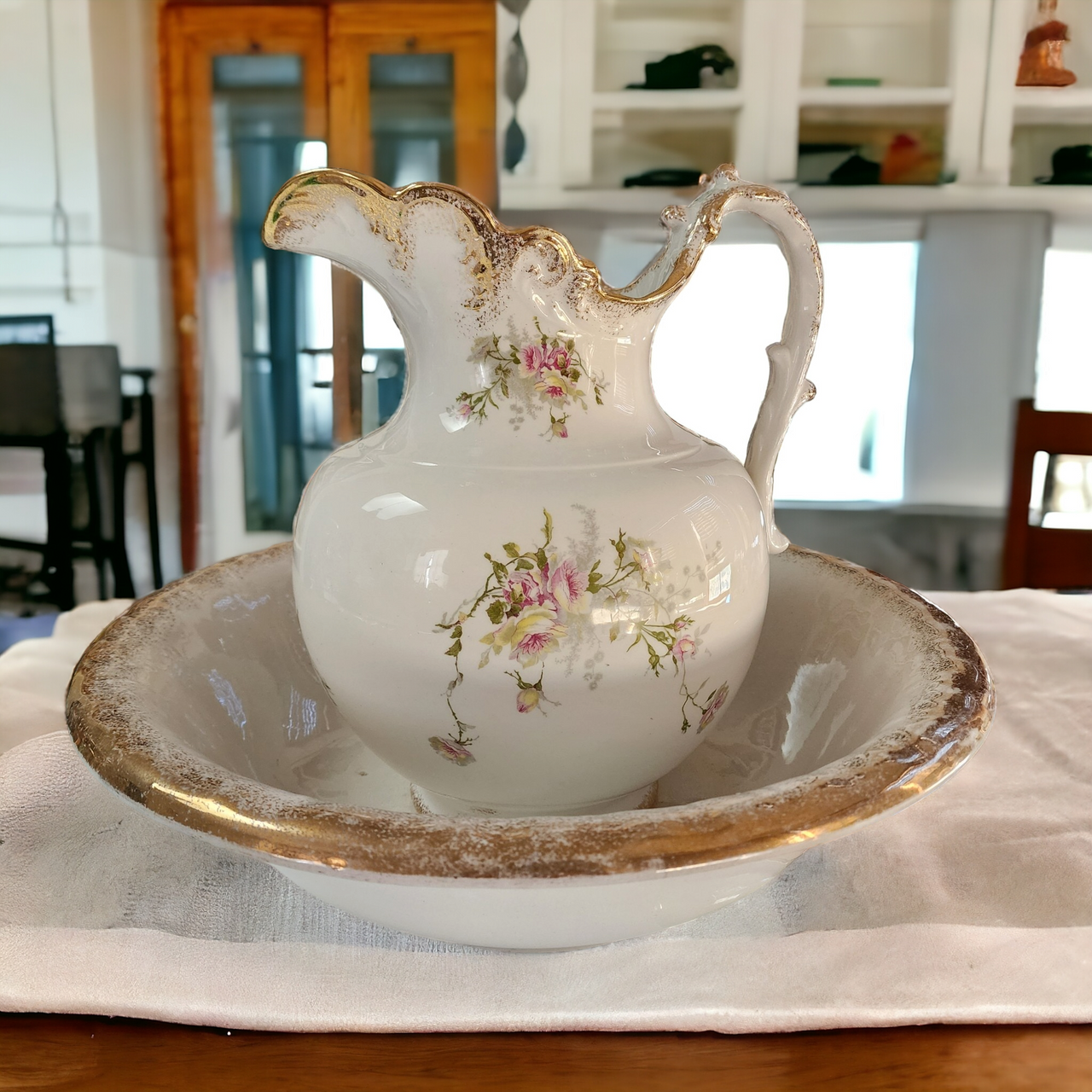 Knowles White Floral Porcelain Large Wash Stand Set Pitcher & Bowl