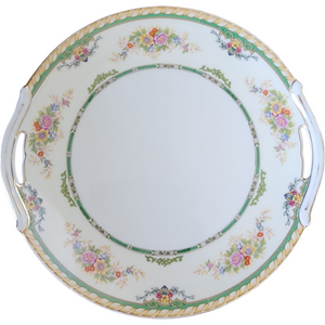 Kokura Decorative Yellow Rope Edge/Green Band, Floral Rim Handled Cake Plate