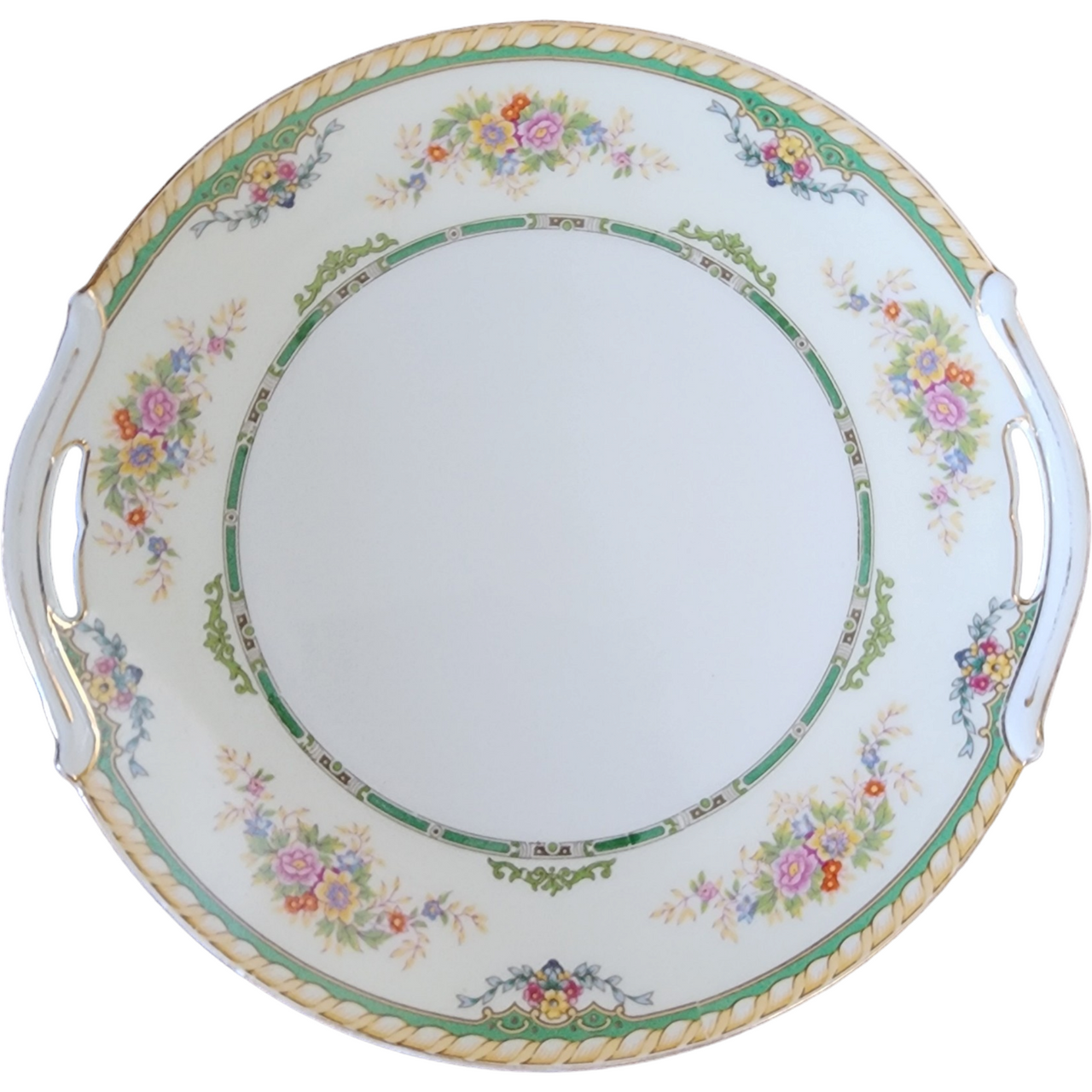 Kokura Decorative Yellow Rope Edge/Green Band, Floral Rim Handled Cake Plate