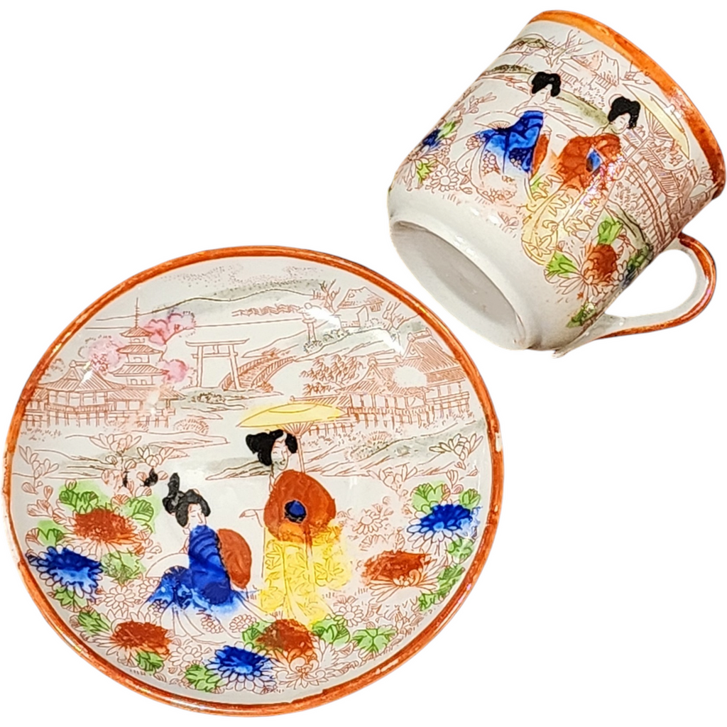 Kutani Antique Japanese Geisha Girl Demitasse Tea Cup and Saucer Orange Set