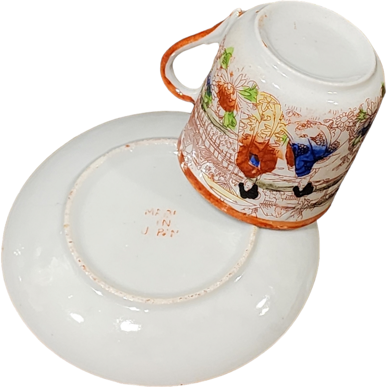 Kutani Antique Japanese Geisha Girl Demitasse Tea Cup and Saucer Orange Set