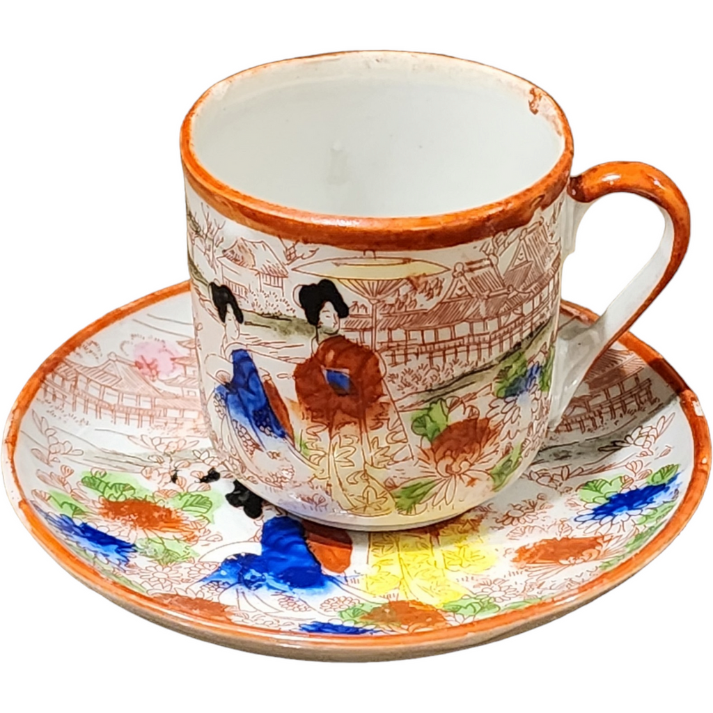 Kutani Antique Japanese Geisha Girl Demitasse Tea Cup and Saucer Orange Set