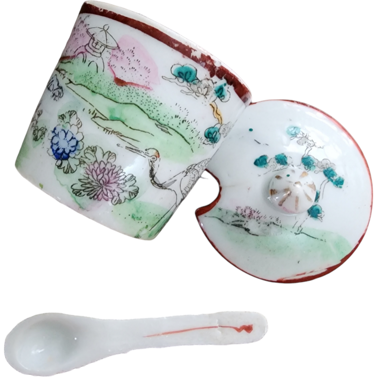 Kutani Antique Orange Porcelain Mustard Pot and Spoon