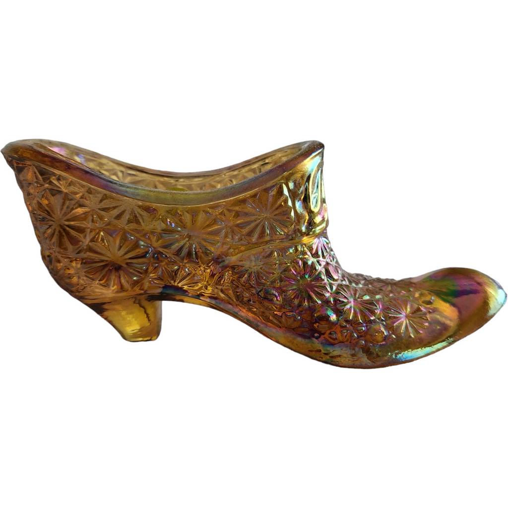 L.E. Smith Amber Gold Daisy & Button Carnival Glass Slipper Vase
