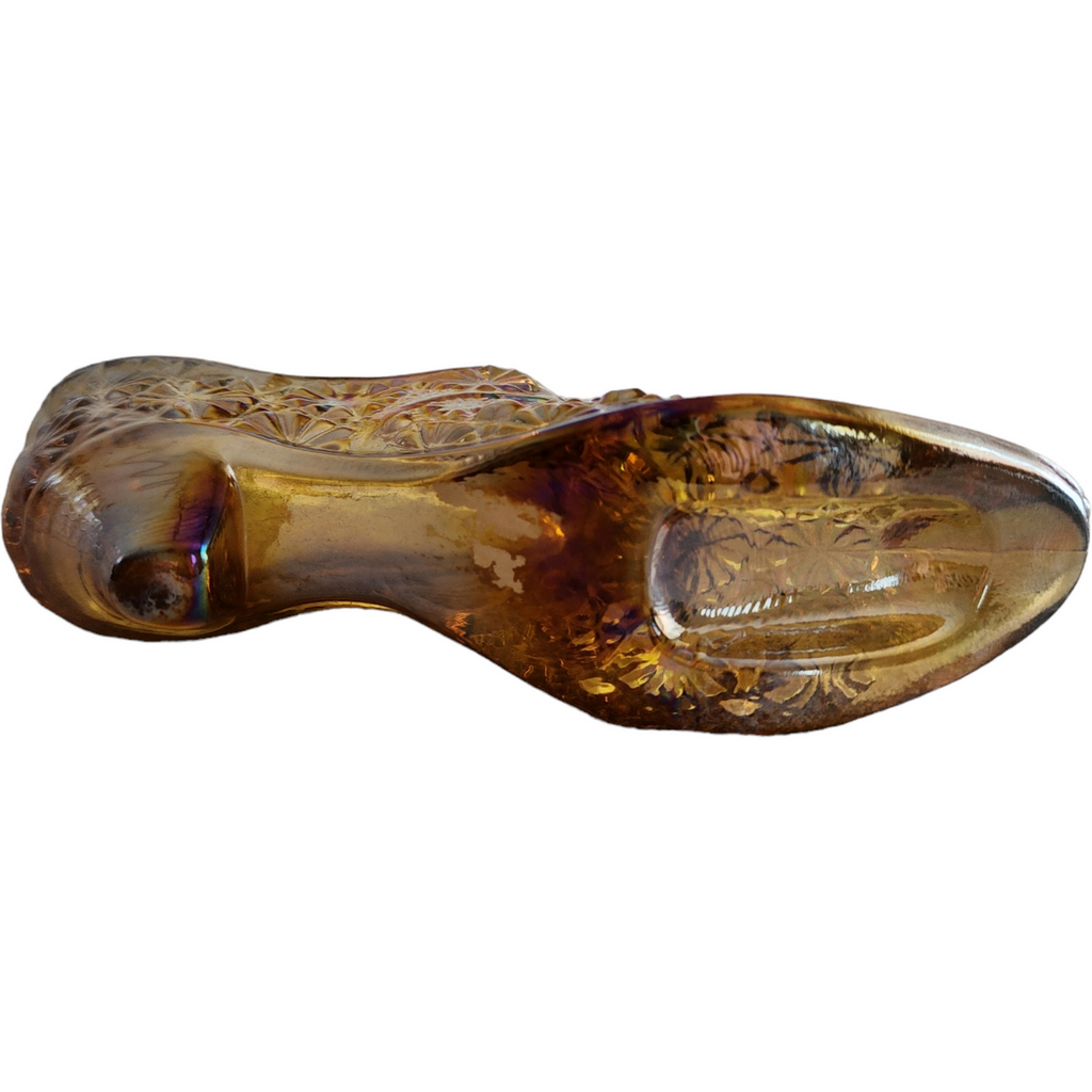 L.E. Smith Amber Gold Daisy & Button Carnival Glass Slipper Vase